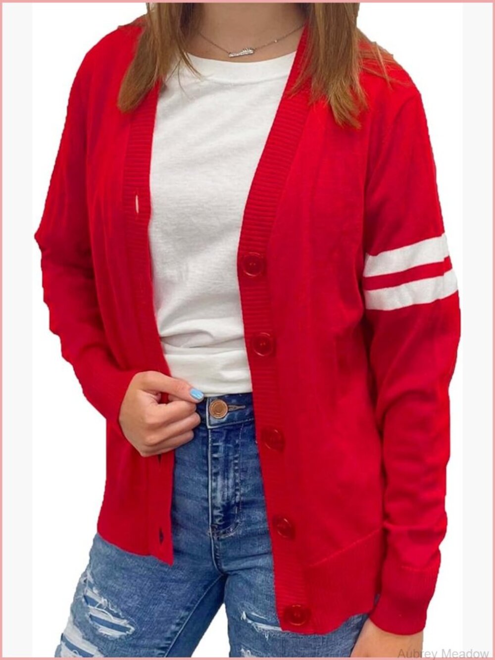 Women's V-Neck Knit Varsity Cardigan Sweater Letterman Lightweight